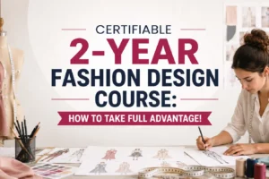 Certifiable 2-year fashion design course with a student working on fashion sketches in a professional design studio