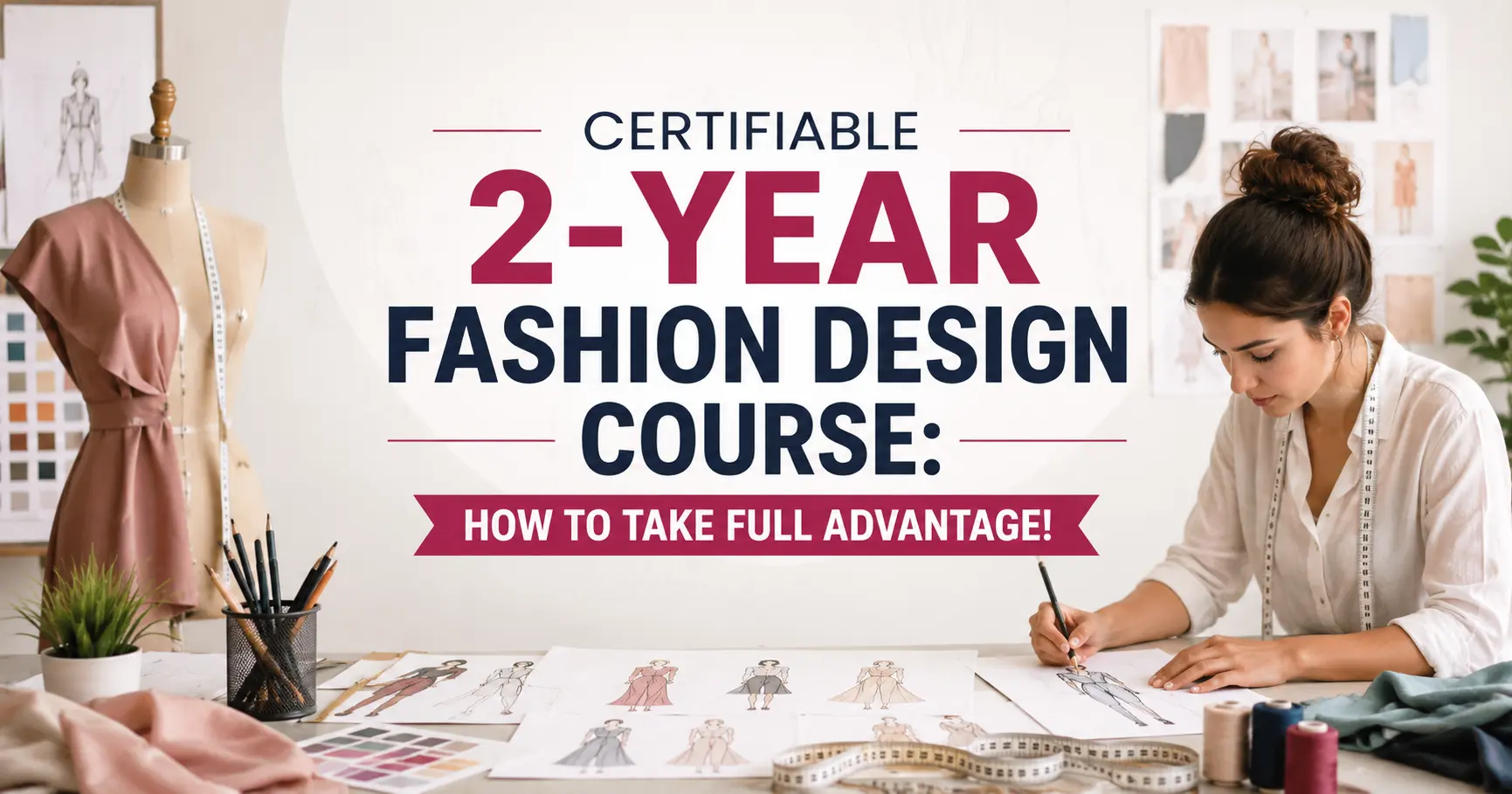 Certifiable 2-year fashion design course with a student working on fashion sketches in a professional design studio