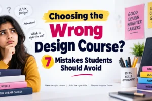 choosing awrong Choosing the Wrong Design Course? 7 Mistakes Students Should Avoid – educational blog banner featuring a confused student and different design course options.