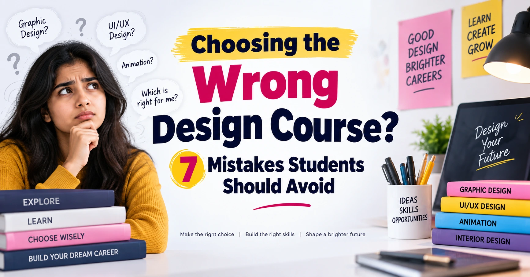 Choosing the Wrong Design Course? 7 Mistakes Students Should Avoid – educational blog banner featuring a confused student and different design course options.