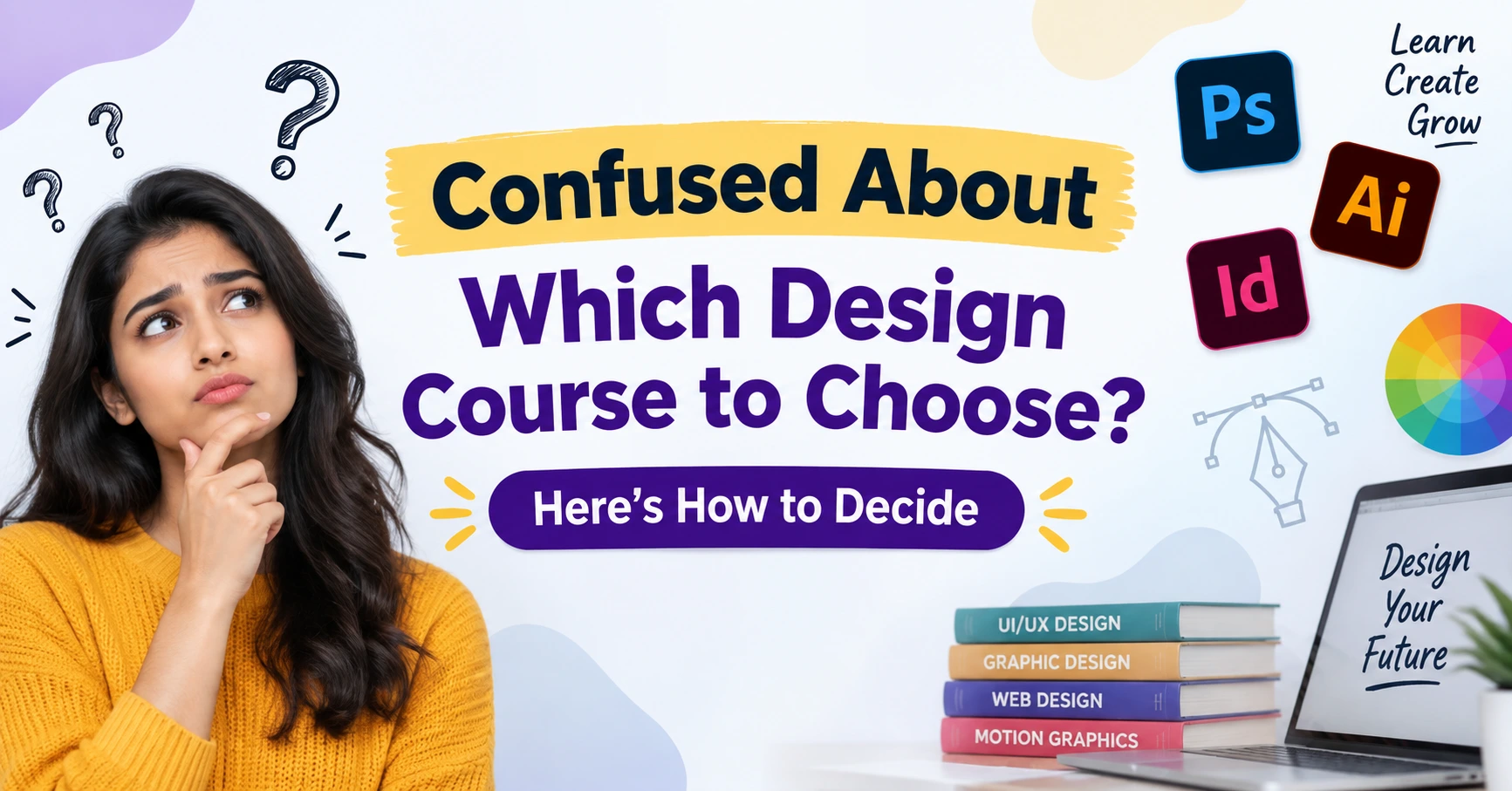 Confused about which design course to choose? A student considers different design courses, including graphic design, UI/UX design, web design, and motion graphics.