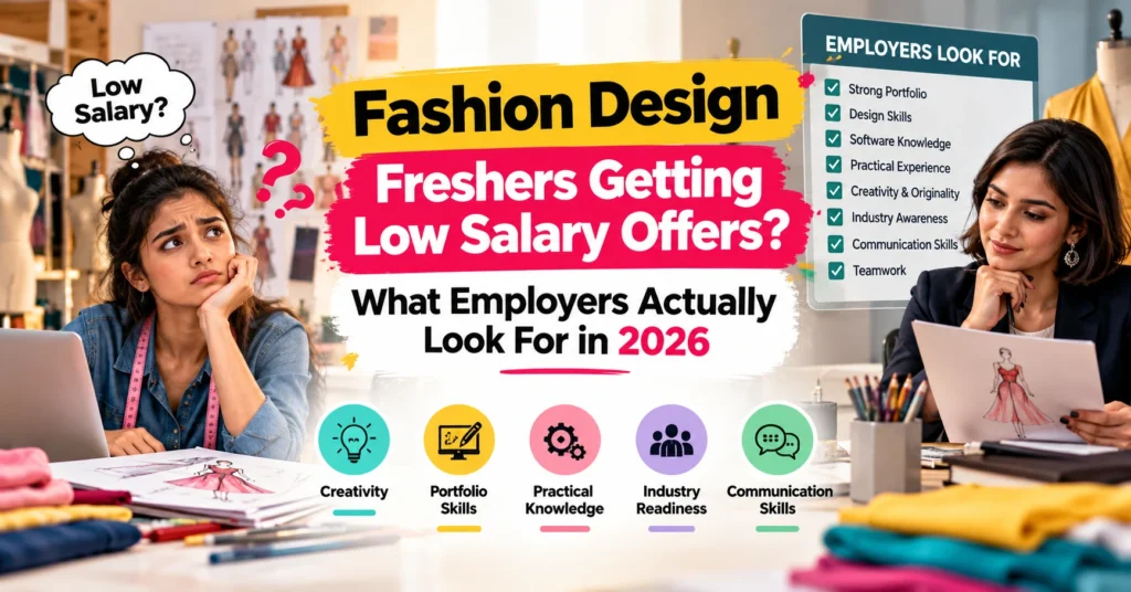 Fashion design freshers getting low salary offers in 2026, highlighting the skills employers look for, including a strong portfolio, creativity, practical design knowledge, software proficiency, industry readiness, and communication skills.