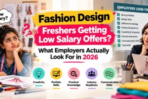 65f6aa73-bcb9-456a-beb5-b00552dc88ff Fashion design freshers getting low salary offers in 2026, highlighting the skills employers look for, including a strong portfolio, creativity, practical design knowledge, software proficiency, industry readiness, and communication skills.